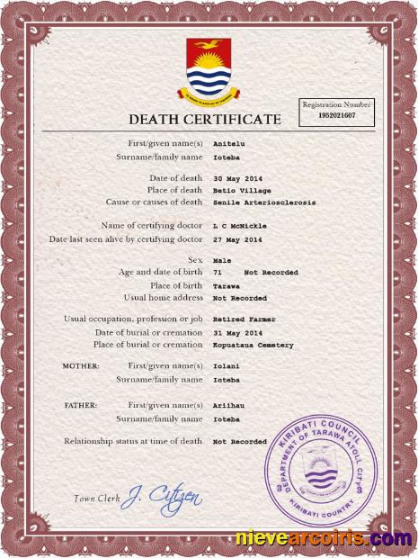 Kiribati death certificate